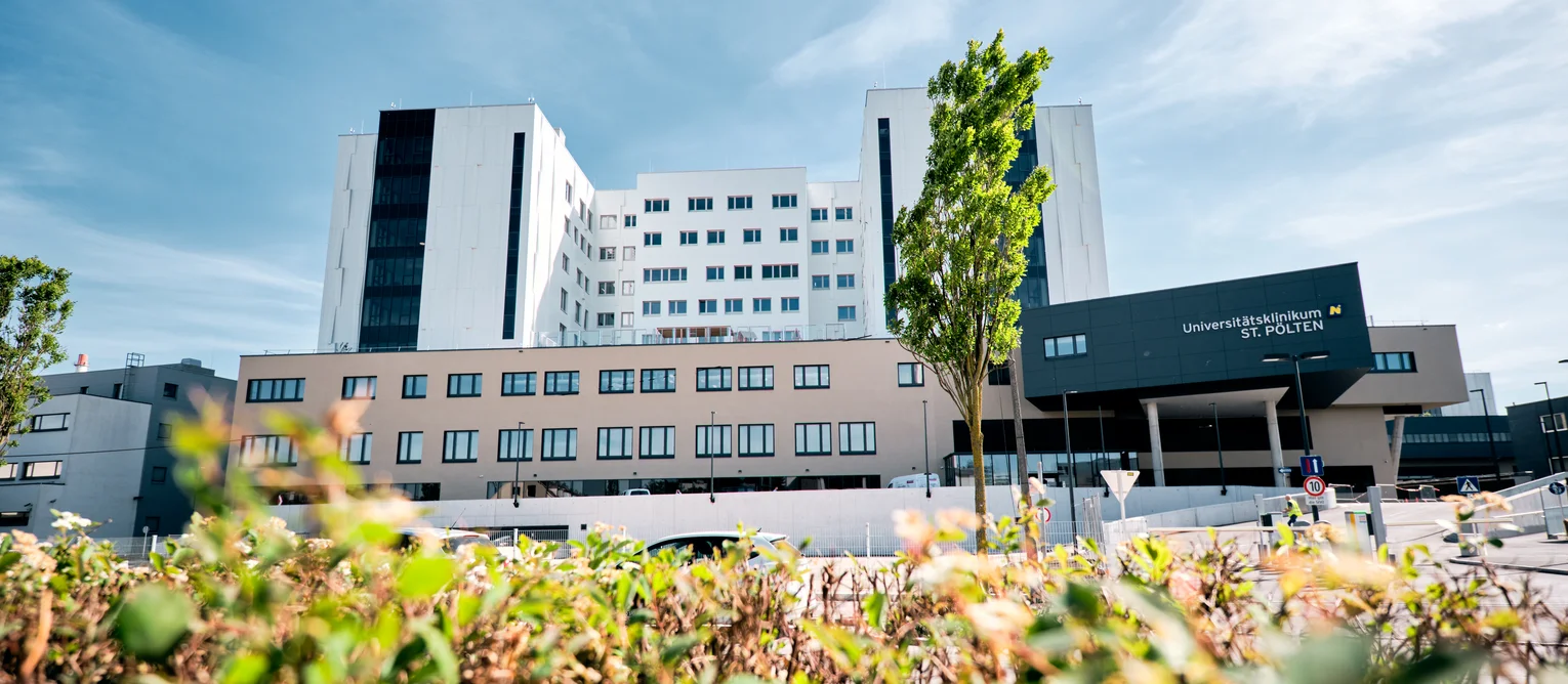 Modernes mehrstöckiges Krankenhausgebäude mit hellem Fassadenmix aus Weiß und Beige sowie einem dunklen Eingangsbereich mit Beschriftung. Im Vordergrund befinden sich unscharfe Pflanzen, dahinter führt eine Zufahrt zum Haupteingang, während der Himmel blau mit leichten Wolken ist.