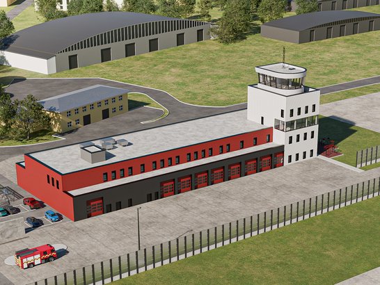 Aerial view of a station complex with a red and black main garage building, multiple trucks parked outside, and an adjacent control tower with a circular observation deck. The station is surrounded by a fenced area with additional buildings and greenery in the background.