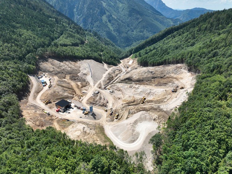 Construction site for the upper reservoir of the Ebensee pumped-storage power station in a mountainous setting